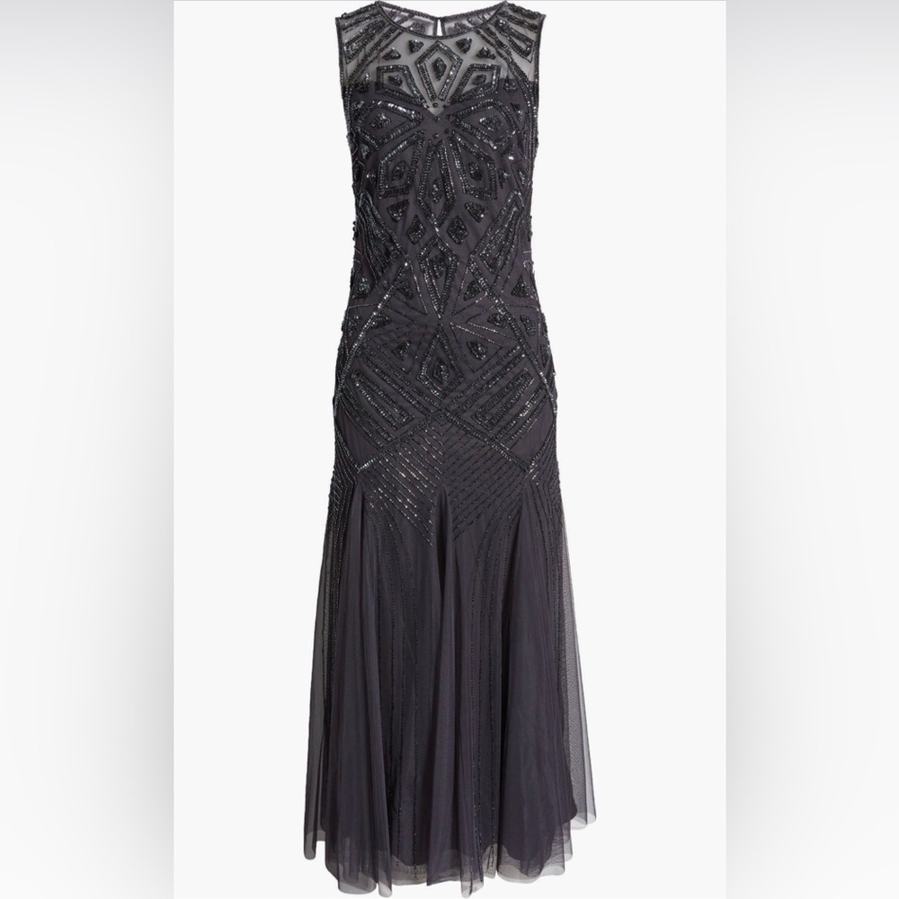 NWT Pisarro Nights Geometric Beaded Sleevless Gown - Navy Blue - size 16